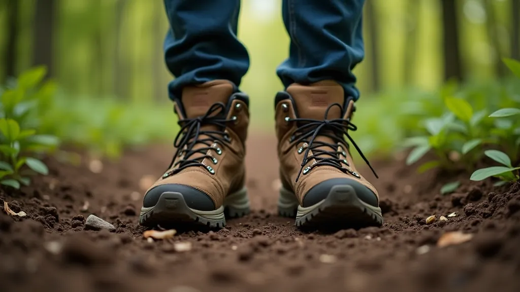 Detaļa: hikingas apavi uz meža takas, skaidrs dienas gaisma, dabiska dūņu tekstūra