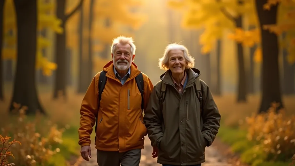 Seniori staigā pa meža taku Papes rezervātā, jaukti rudens krāsas, saules gaisma caur kokiem